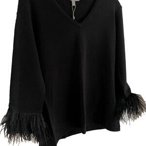 NEIMAN MARCUS Cashmere V-Neck NWT Pull-over Sweater - Ostrich Feather Cuff Trim.